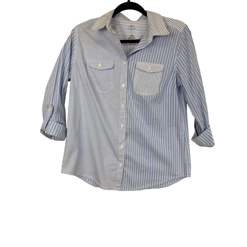 St Johns Bay Blue White Striped Roll Tab Sleeve Shirt Size S